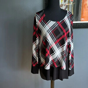 Michael Tyler black plaid overlay back tuxedo tail slit stretch tunic. Small.